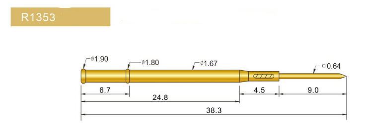 R1353-W探針套管、1.67mm測試針、總長38.3mm、彈簧針套管圖片、測試針套管圖片、頂針套管圖片、探針套管圖片